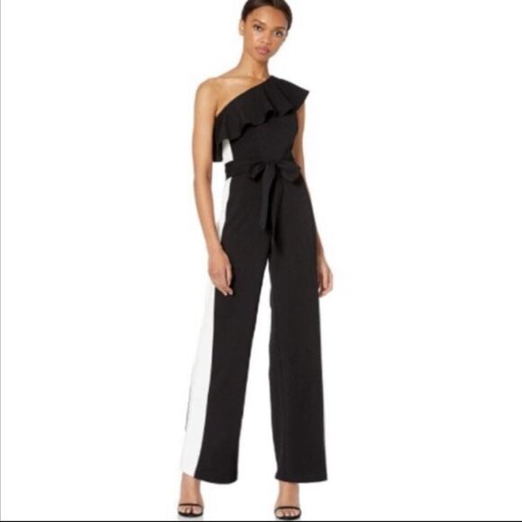 Adrianna Papell Pants - NWT Adrianna Papell One Shoulder Crepe Jumpsuit Black Ivory Stripe Size 4